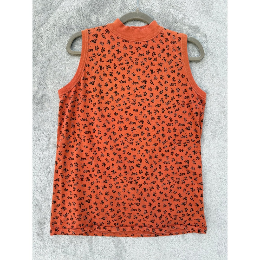 Vintage Mock Neck Ditsy Floral Tank Top Medium Orange Sleeveless Cottagecore